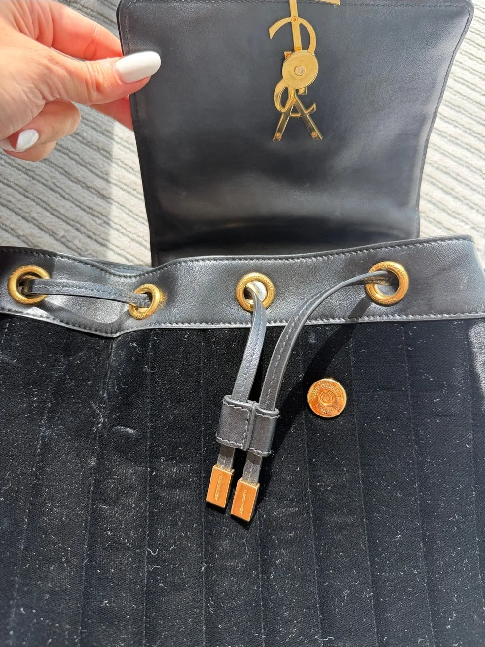 Saint Laurent Black Velvet Backpack with Gold YSL Logo